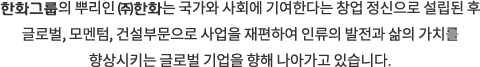 한화그룹의 뿌리인 ㈜한화는 국가와 사회에 기여한다는 창업정신으로 설립된 후 글로벌, 건설, 모멘텀부문으로 사업을 재편하여 인류의 발전과 삶의 가치를 향상시키는 글로벌 기업을 향해 나아가고 있습니다.